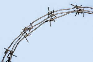 Barbed wire against a light blue sky background.